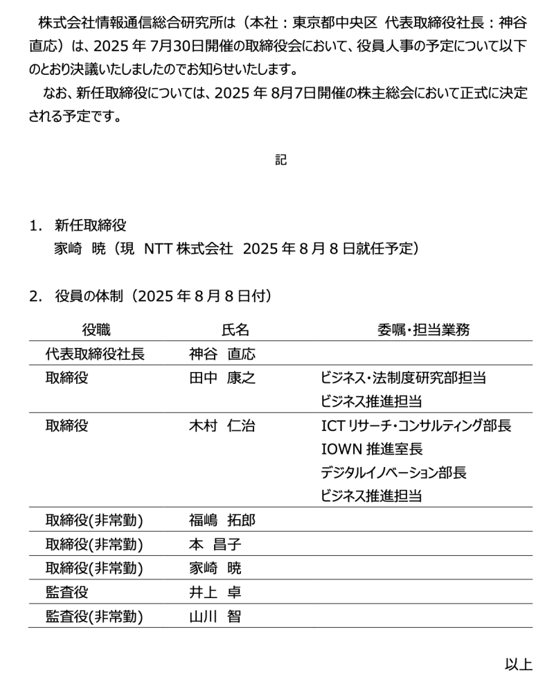 役員の人事（予定）について 株式会社情報通信総合研究所は（本社︓東京都中央区 代表取締役社⻑︓神⾕ 直応）は、2025年7⽉30⽇開催の取締役会において、役員⼈事の予定について以下のとおり決議いたしましたのでお知らせいたします。 なお、新任取締役については、2025年8⽉7⽇開催の株主総会において正式に決定される予定です。