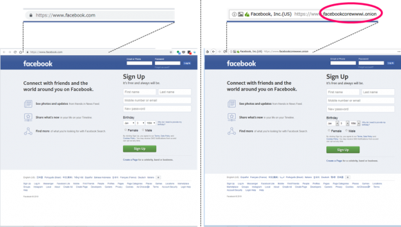 Chromeでアクセスした通常のFacebook（左）とTorでアクセスしたダークウェブ版のFacebook（右）