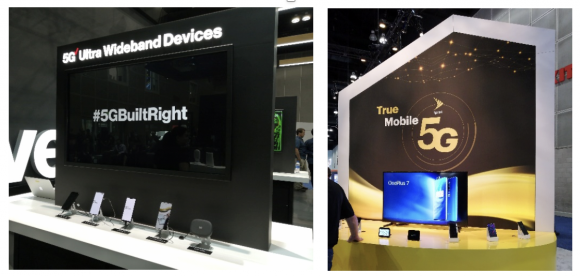 最新5Gスマートフォンの展示（左：Verizon、右：Sprint）