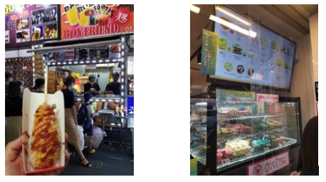 【写真3】筆書がトライしたハットグ(左)と大人気のマカロンらしきスイーツ店(右)