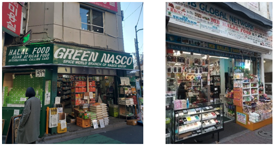 【写真4】ハラル、アジア・アフリカ食材店（左）と店頭に中古スマホを置くハラル食材店（右）