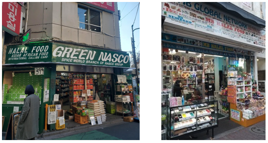 【写真4】ハラル、アジア・アフリカ食材店(左)と店頭に中古スマホを置くハラル食材店(右)