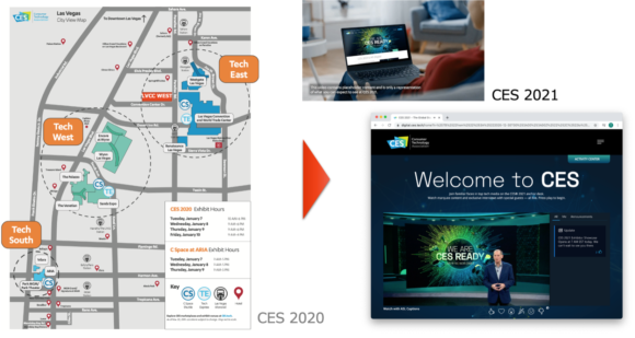 【図2】CES 2020とCES 2021の会場の違い