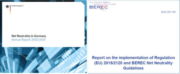 【図2】EU規則の実施状況に関する2020年次のモニタリング報告書（表紙） －加盟国（ドイツの例）（左）とBERECの報告書（右）