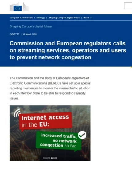 【図4】ストリーミングサービス、通信事業者、ユーザーにネットワーク混雑回避を訴えたと伝えるECのニュースリリース(2020年3月19日)