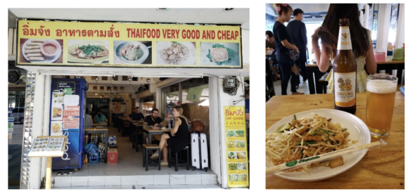 【写真4】タイ料理店「イムちゃん」の店構え（左）とパッタイ＆シンハービール（右）