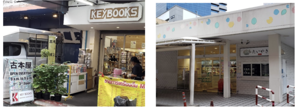 【写真6】日本人向け古本屋（左）と日本食スーパー（右）