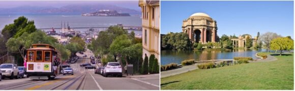 【写真3】アルカトラズ島(左)とThe Palace of Fine Arts(右)