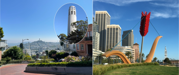 【写真4】Lombard Streetから見るCoit Tower(左)とピア周辺(右)