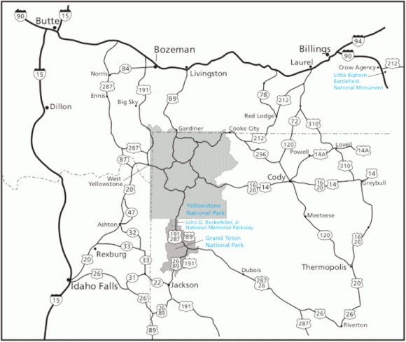 【図1】イエローストーン国立公園とグランドティトン国立公園の位置