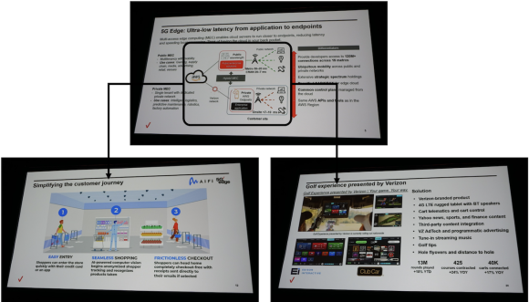 【写真14】Verizon社のHybrid MECの構成(上)と Hybrid MECの導入事例(左:Aifi社 、右: Edison Interactive社/ClubCart社) 