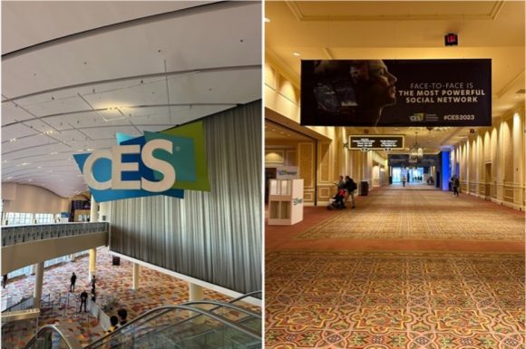 【写真1】会期中は大勢の参加者を迎えるCESのロゴと会場に向かう廊下