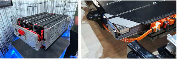 【写真3】John Deere社のバッテリー(左)とStellantis社のEV Platformのバッテリー(右)