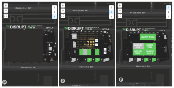 【図2】TC Disrupt 2023の会場(左: 1F(Registration)、中: 2F(Expo会場)、右: 3F(Stage))