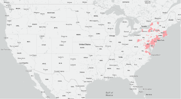 【図1】Verizonの光ブロードバンド（FTTP）のカバレッジ（※彩色された地域がカバレッジエリア）