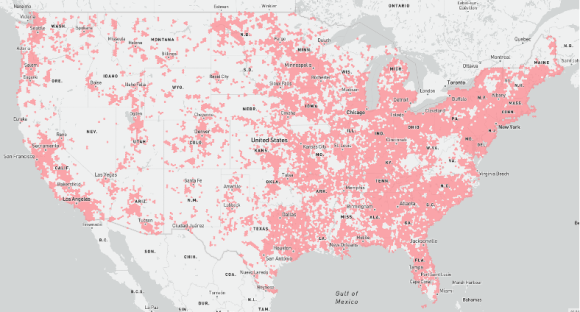 【図2】Verizonの固定無線のカバレッジ（※彩色された地域がカバレッジエリア）