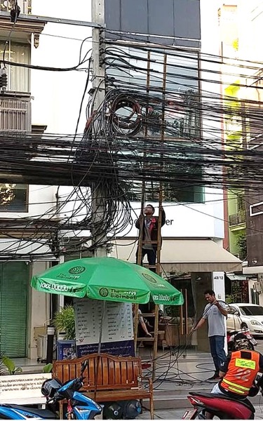 【写真4】竹梯子をかけて修理工事が始まる