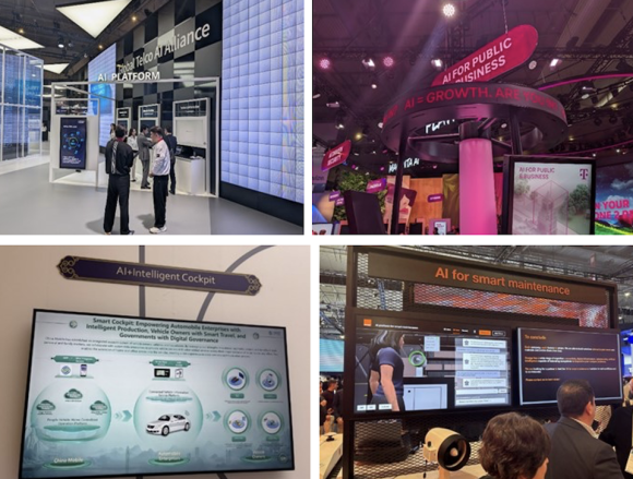【写真2】AI一色の展示 （左上：SK Telecom、右上：Deutsche Telekom、左下：China Mobile、右下：Orange）