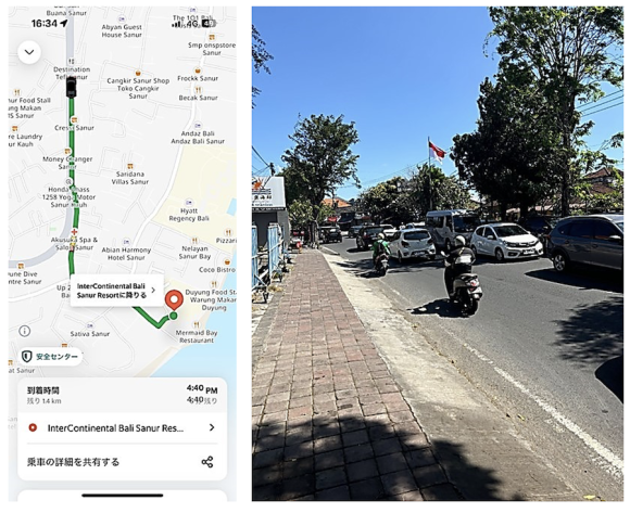 【写真11】GrabのUIとGrabバイクのドライバー(奥の緑のユニフォーム)
